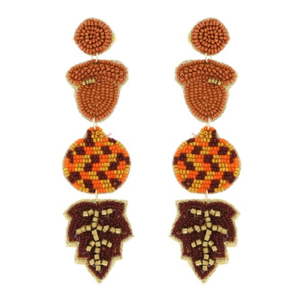 Oak Trees & Acorns Fall Autumn Theme Seed Beaded Embroidered Earrings - Picture 3 of 3